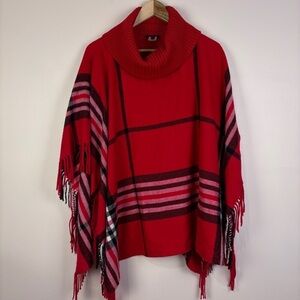 Talbots Red Plaid Turtleneck Poncho Cozy Soft